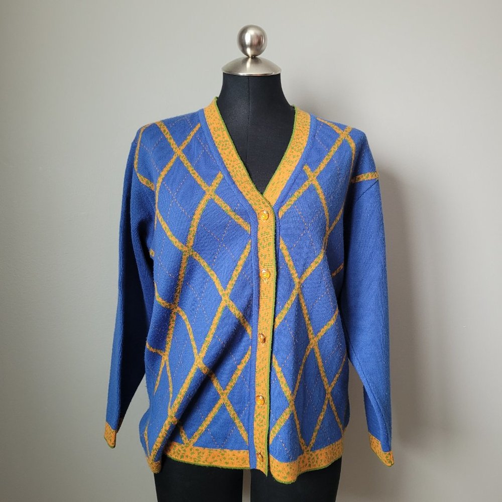 Vintage blue argyle 80s knit cardigan